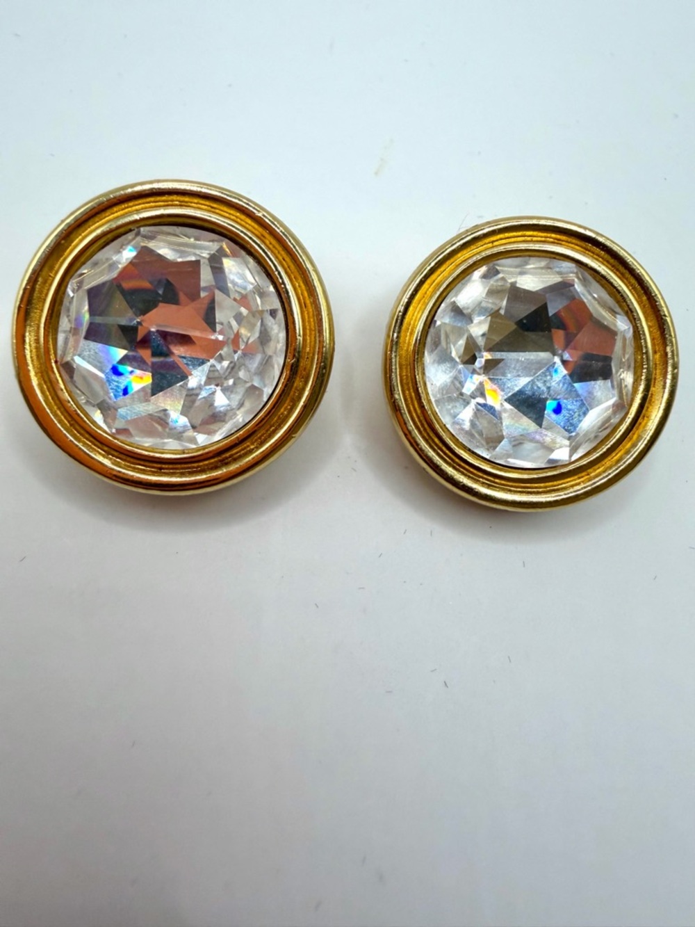 Vintage Dior Gold Tone Clip Statement Earrings with Iridescent Crystal Centers - Picture 6 of 10